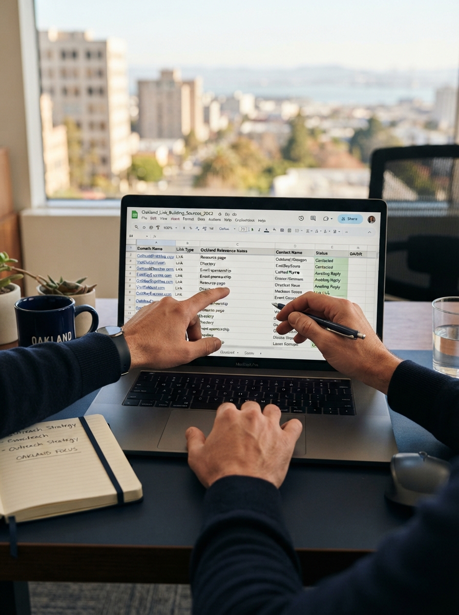 local-link-sources-spreadsheet-oakland Hands reviewing a local link building source list at an Oakland office desk