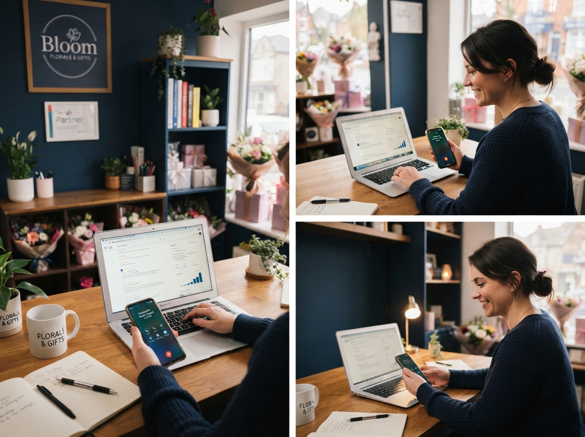 Oakland shop owner reviewing new customer reviews and calls after SEO consultation