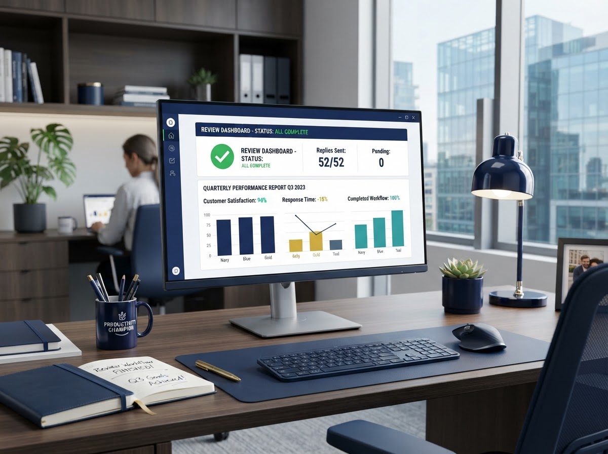 review-response-management-completed-workflow-oakland Organized desk showing completed review reply and performance report