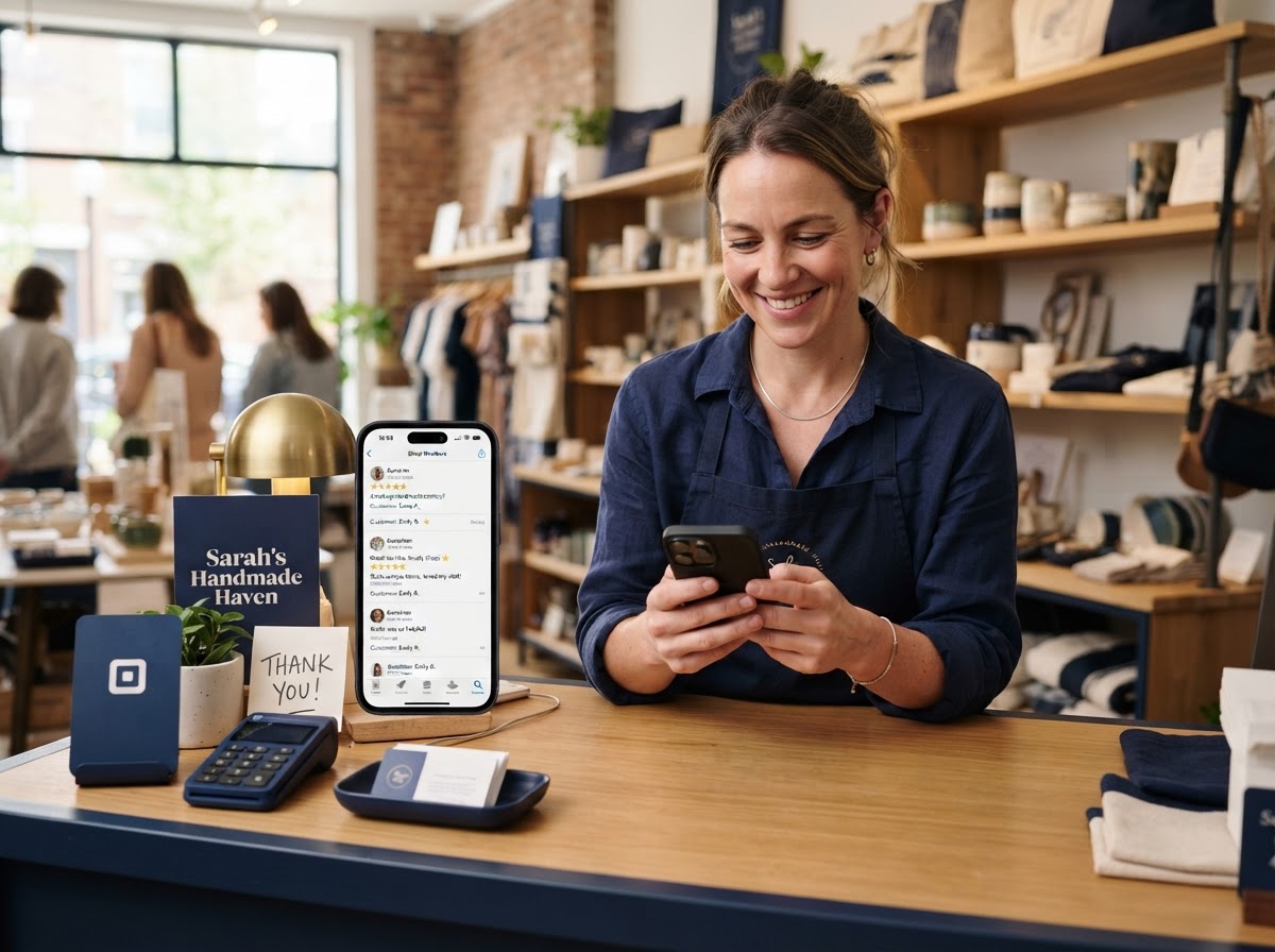 review-response-management-shop-owner-checking-reviews-oakland Shop owner checking customer reviews on phone at retail counter