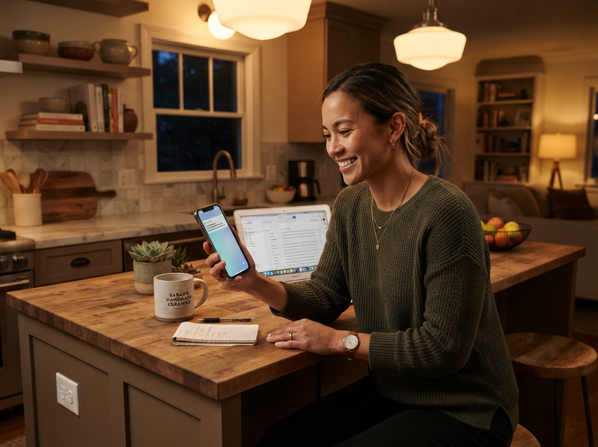 local-business-owner-new-lead-notification-oakland Business owner checking a new customer inquiry at home after Website SEO Audit improvements in Oakland