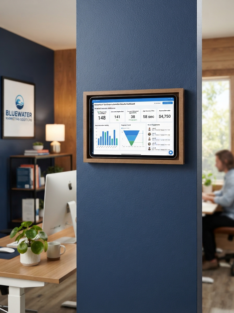 Wall-mounted tablet showing completed missed-call text back automation results