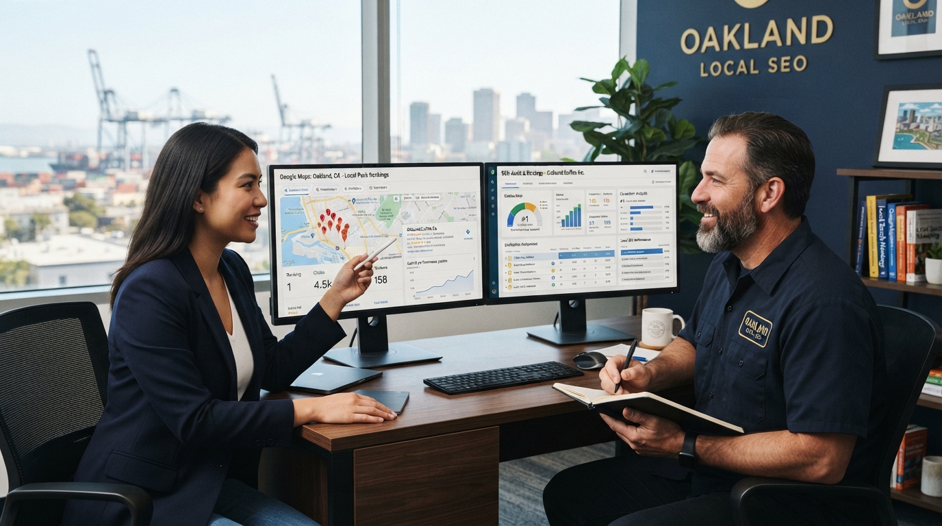 Consultant reviewing local search map data with Oakland business owner in office
