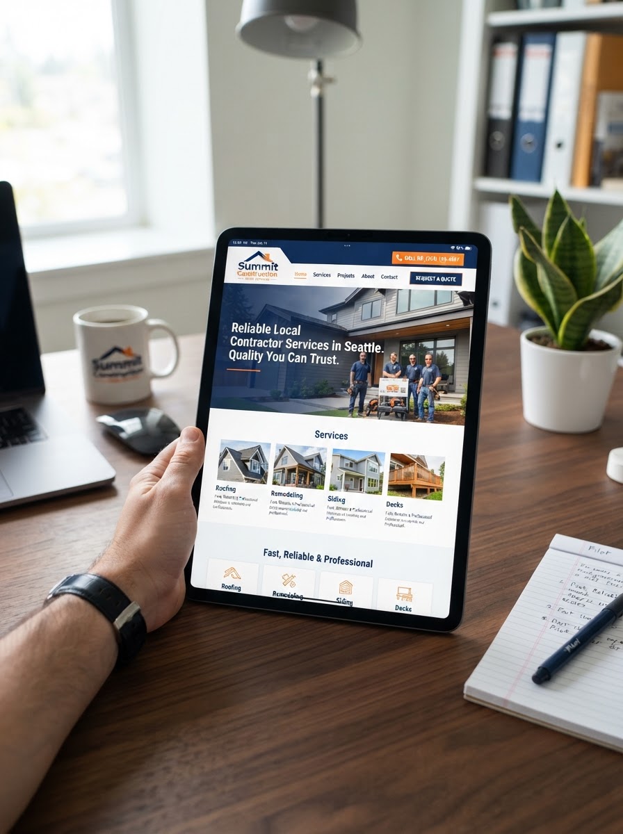 Fast-loading contractor website shown on tablet after technical SEO fixes