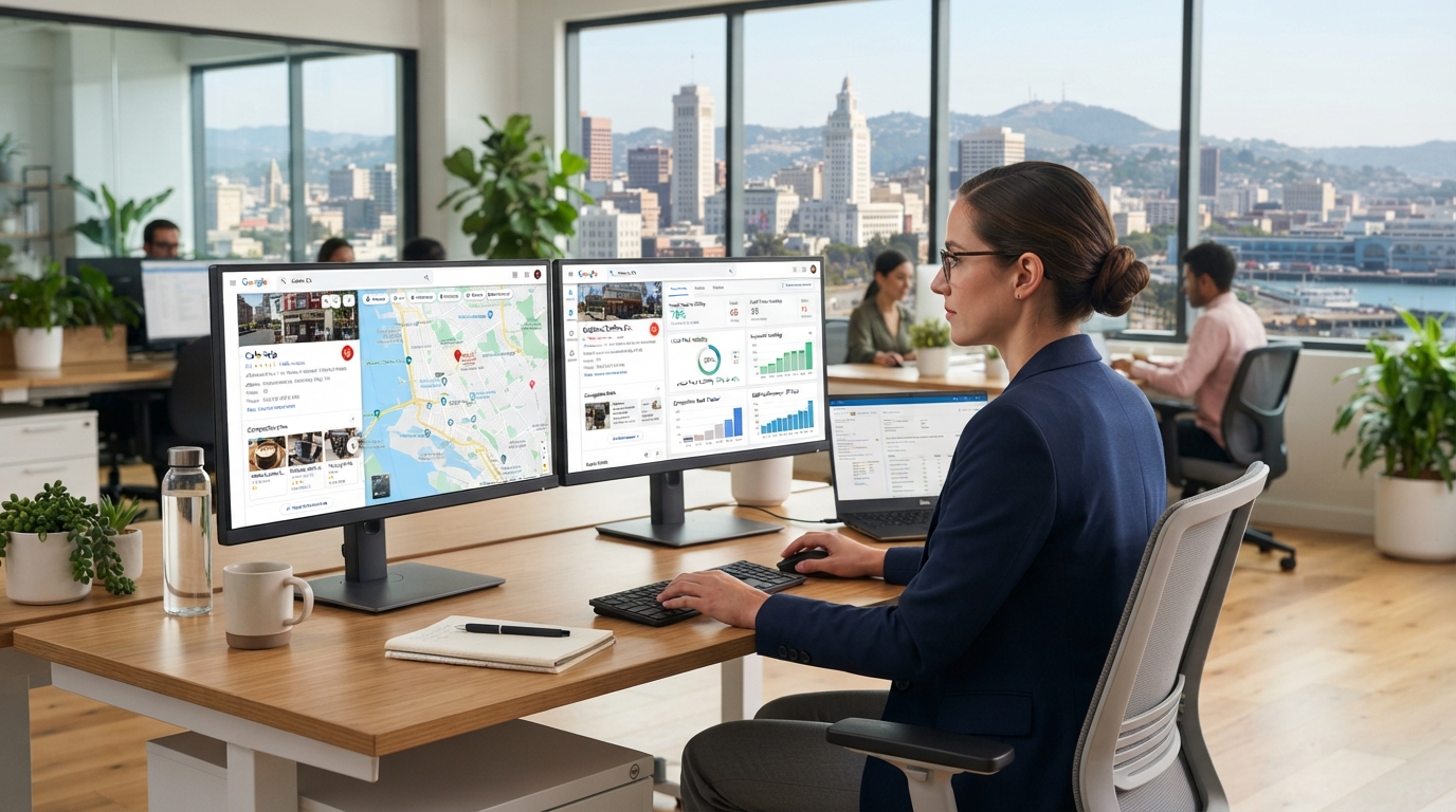local-competitor-analysis-oakland-office-desk-review Analyst comparing local competitor Google Maps rankings on office monitors in Oakland