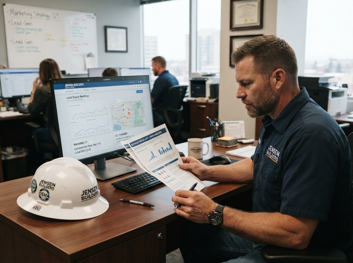 seo-for-contractors-audit-review-office-oakland Contractor reviewing business profile audit report at office desk with monitor