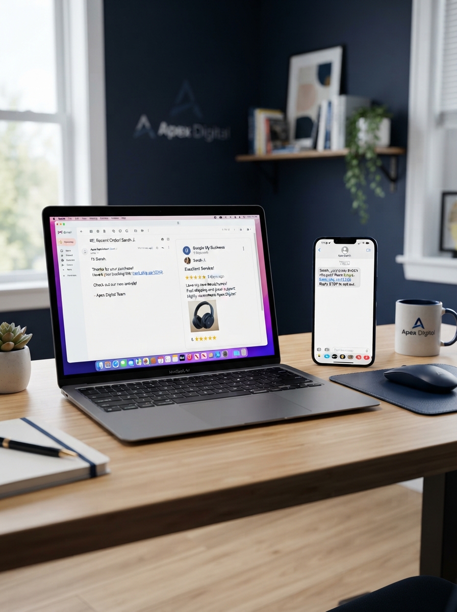 Smartphone SMS and laptop email review shown together for an Oakland marketing client