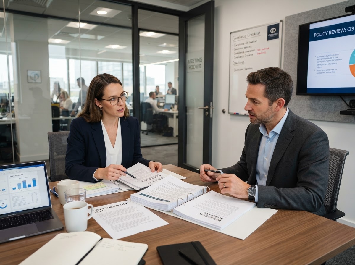 review-gating-compliance-meeting-oakland Two people discussing review compliance policy documents in a small office conference room
