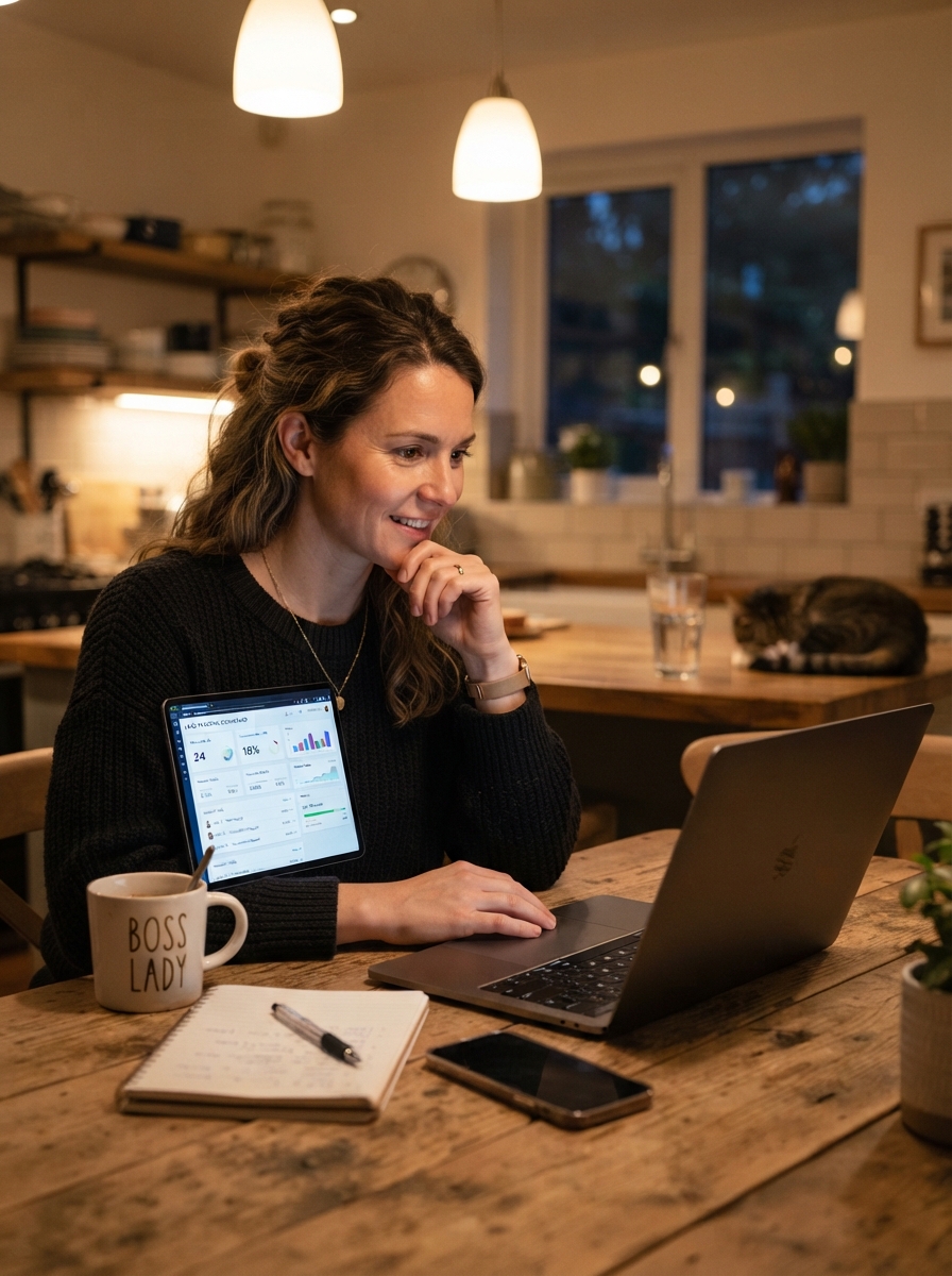 landing-page-lead-tracking-home-evening-oakland Business owner checking website leads at home kitchen table in the evening