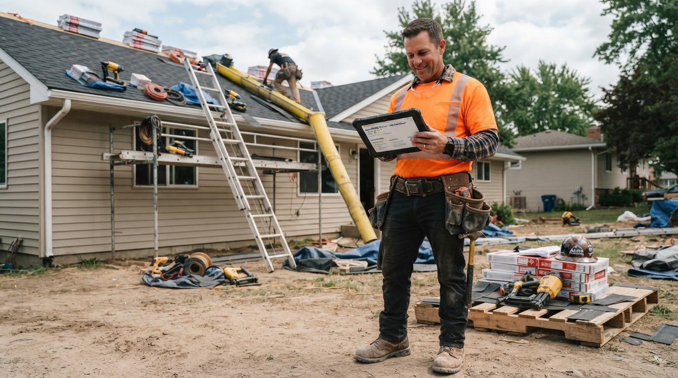 seo-for-contractors-roofing-jobsite-oakland Contractor checking business listing dashboard on tablet at residential roofing job site
