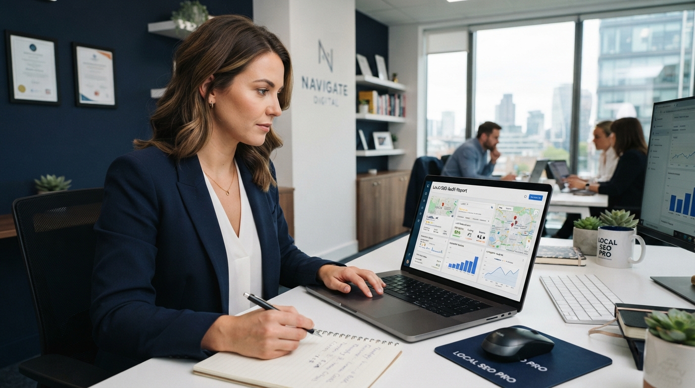 Consultant reviewing Google Maps rankings during a Local SEO Audit in Oakland CA
