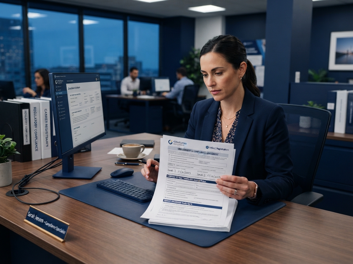 sms-marketing-consent-registration-oakland Staff member reviewing SMS consent and carrier registration forms at an Oakland office