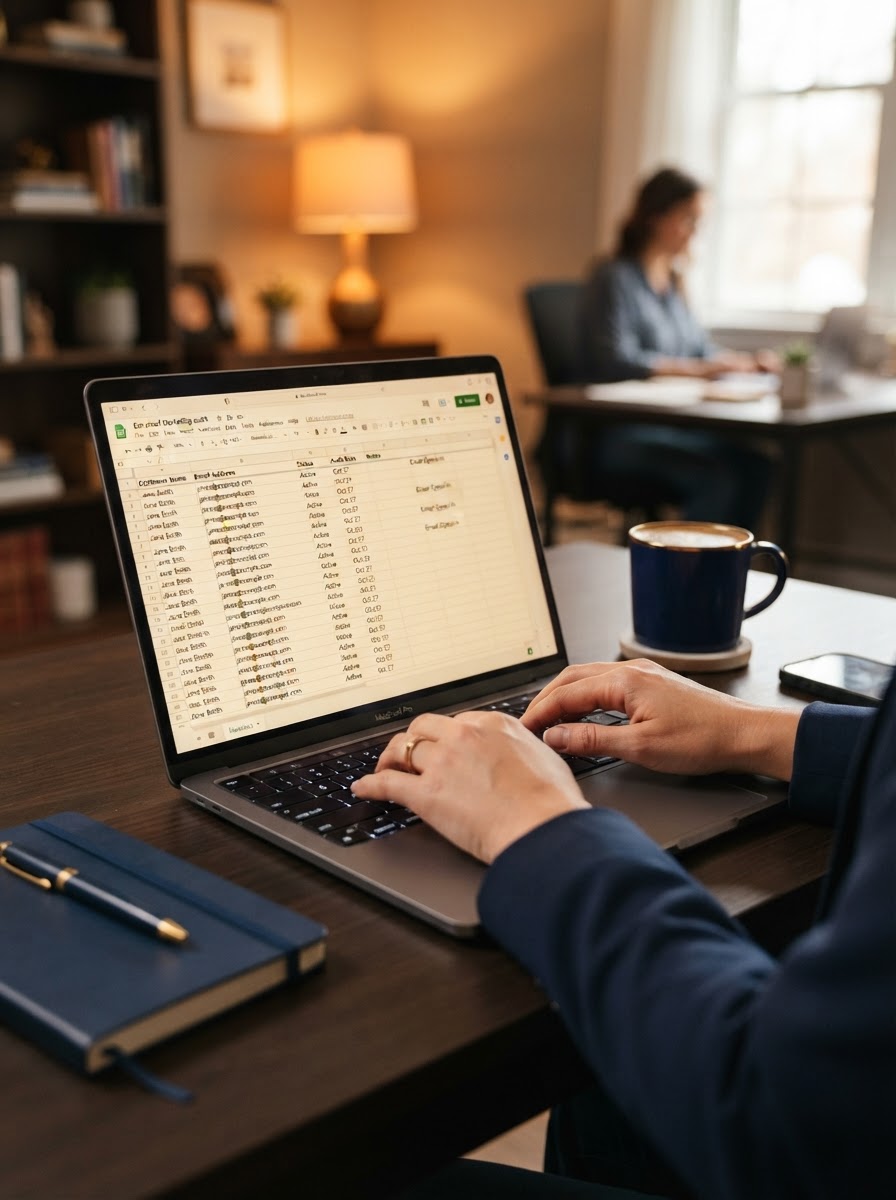 Hands typing customer list data during an Oakland email marketing audit process