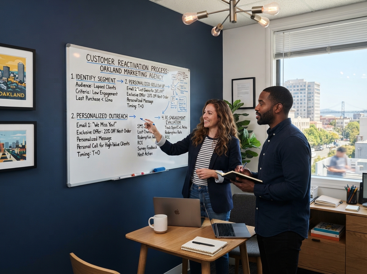 four-step-reactivation-process-whiteboard-oakland Team reviewing four-step customer reactivation process on whiteboard in Oakland office