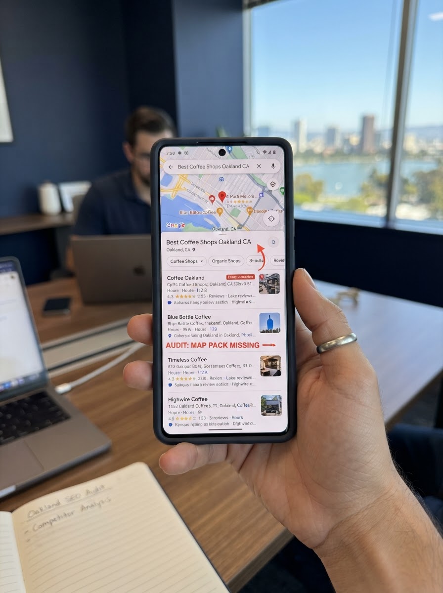 Close-up of smartphone showing missing map pack listing during Local SEO audit in Oakland CA