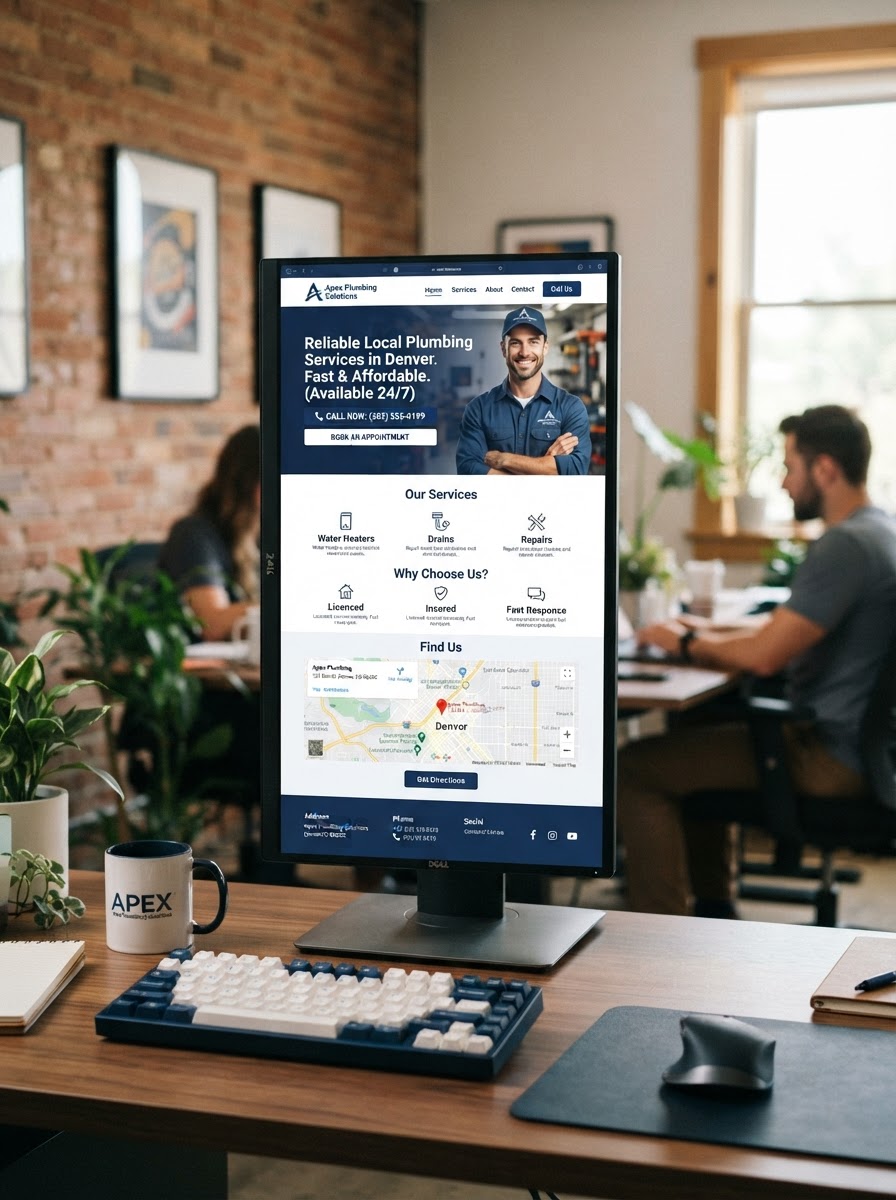 high-converting-landing-page-result-oakland Finished local landing page layout displayed on an office desktop monitor