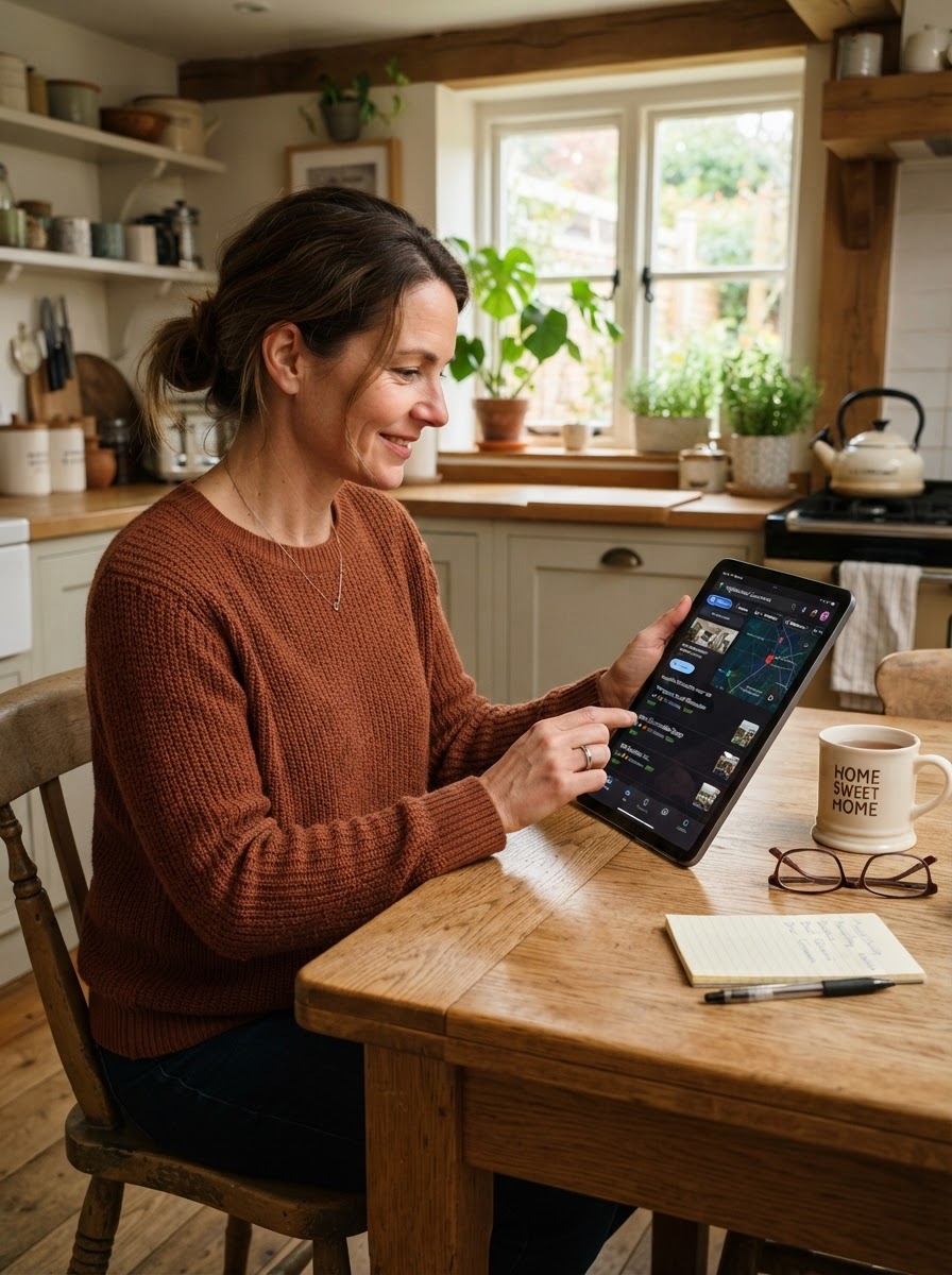 Homeowner browsing Google Maps contractor listings on tablet at kitchen table