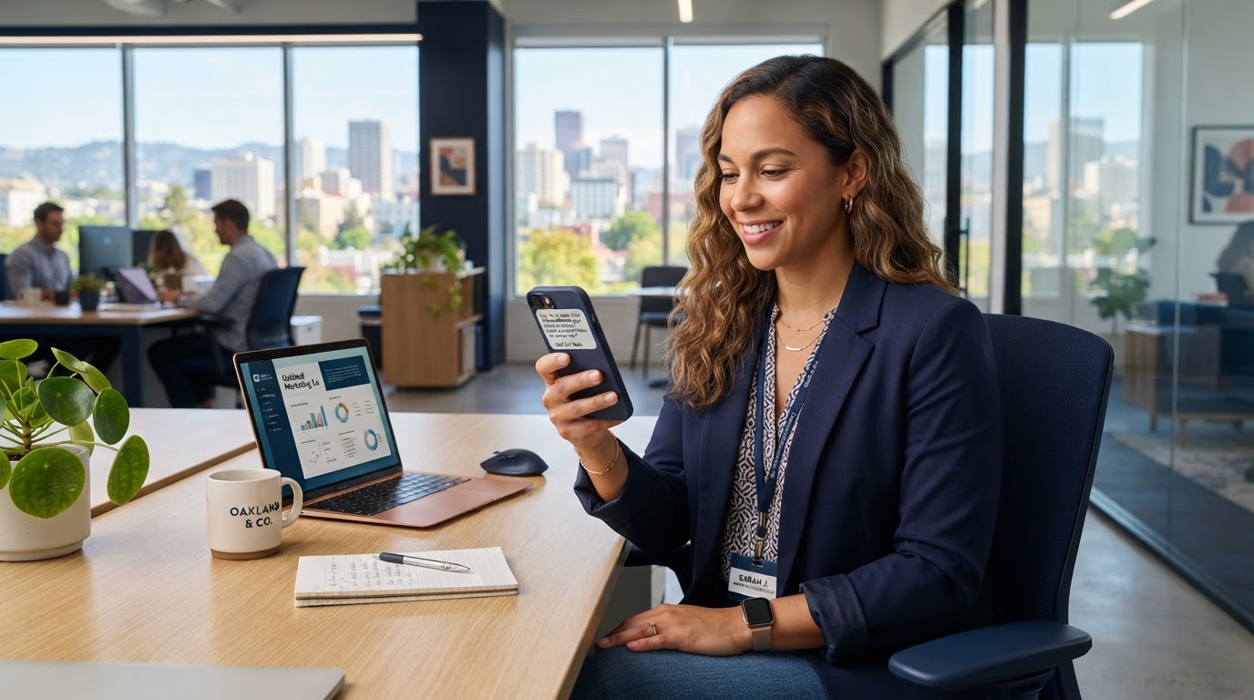 Marketing coordinator reviewing missed-call text back alert on office desk phone