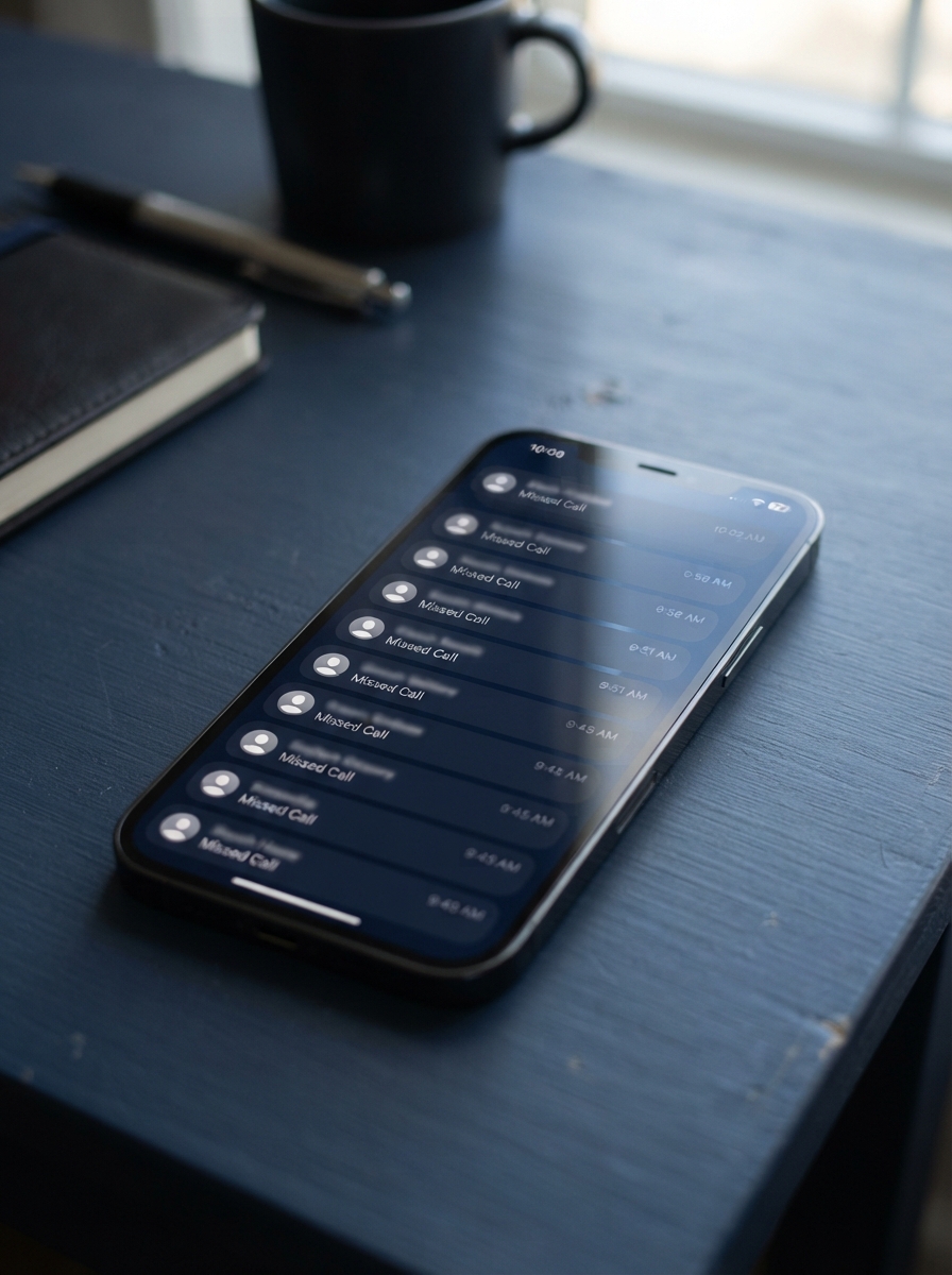 Smartphone showing missed calls, sign business needs AI voice receptionist in Oakland