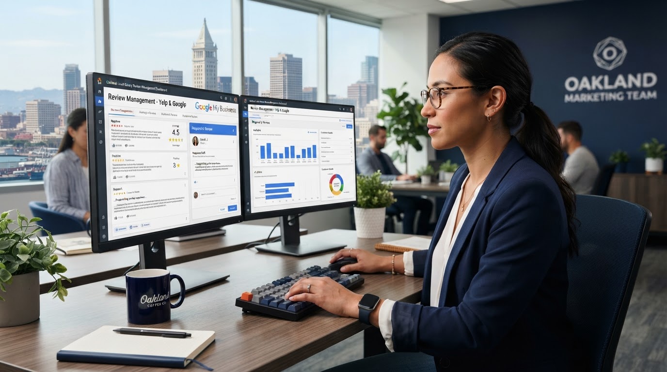review-response-management-office-desk-oakland Marketing specialist responding to Google reviews on dual monitors in Oakland office
