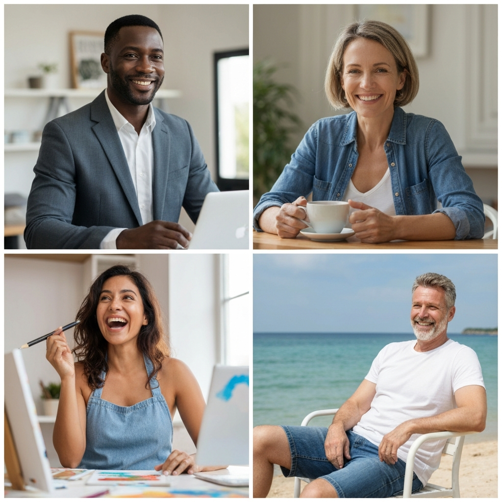 Diverse adults aged 45-55 in different lifestyle situations: work, coffee date, painting, and vacation