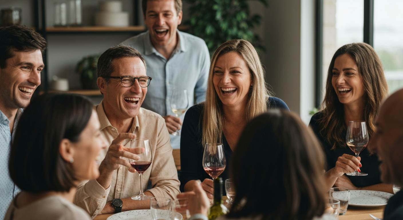 Diverse group of friends aged 40 to 55 laughing together at a dinner
