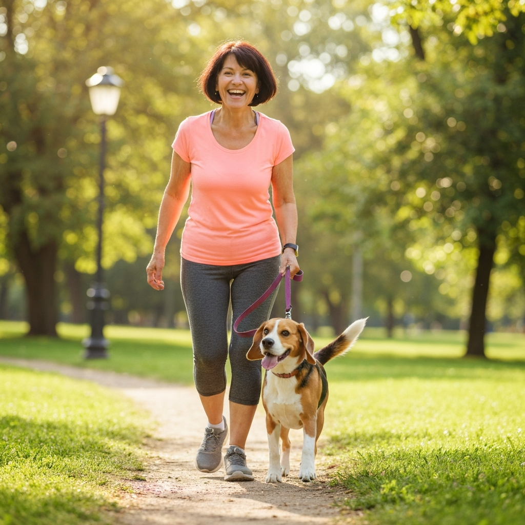 Woman walking her dog happily