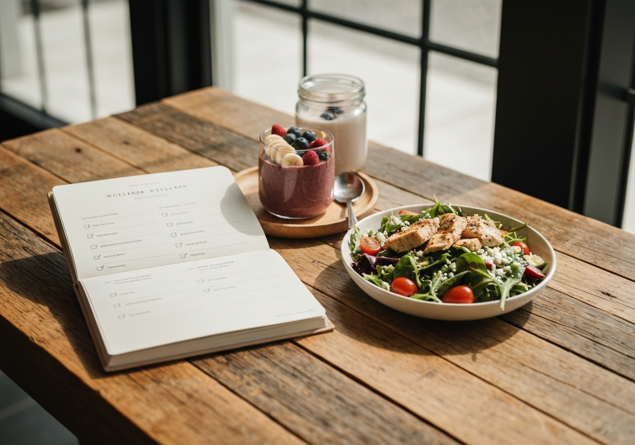 Wellness journal with daily checklist and healthy meal