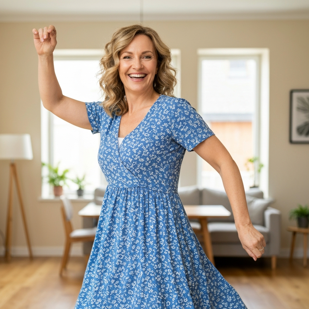 A single Caucasian woman in her late 40s dancing joyfully