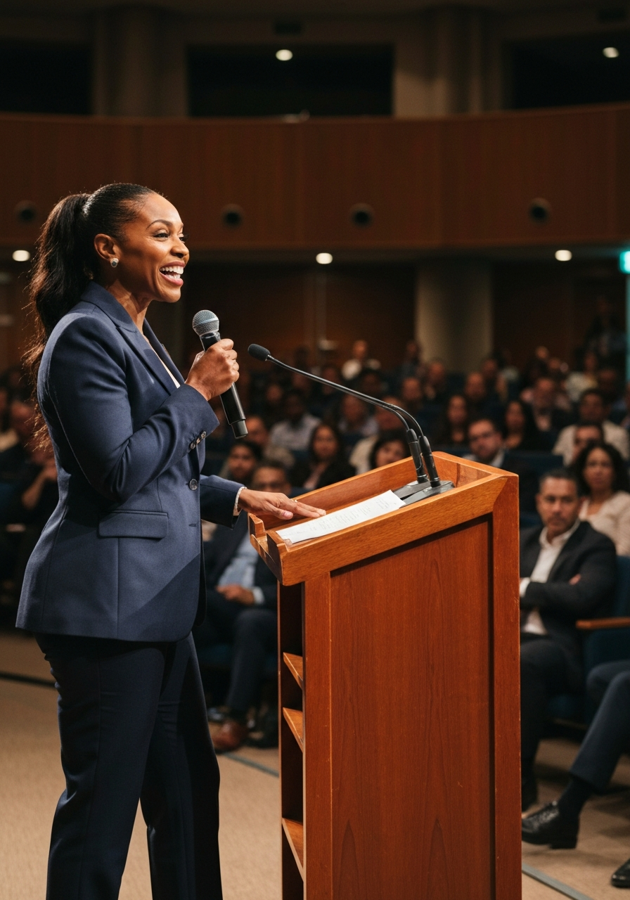 Confident black female speaking at a lectern