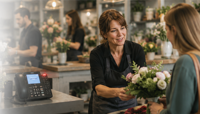 Small business owner helping a customer while a phone rings in the background