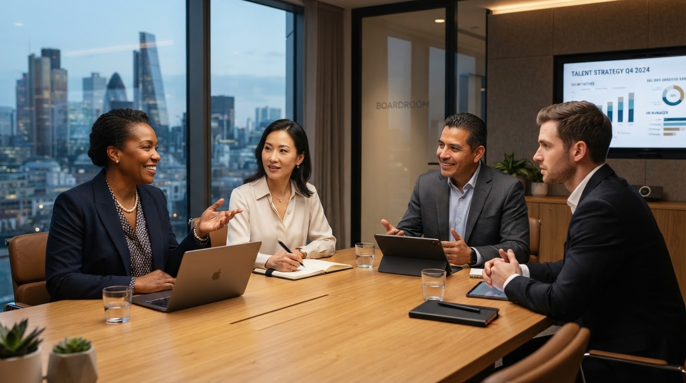 Diverse senior HR executives collaborating in a modern conference room