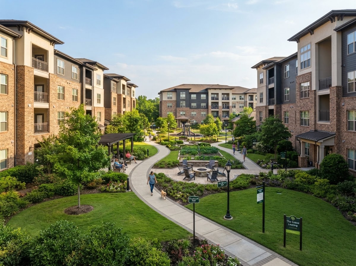 Multifamily apartment community with shared courtyard and walkways