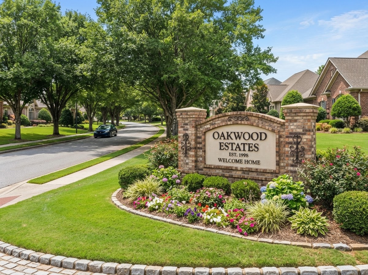 HOA community entrance with monument sign and landscaped grounds