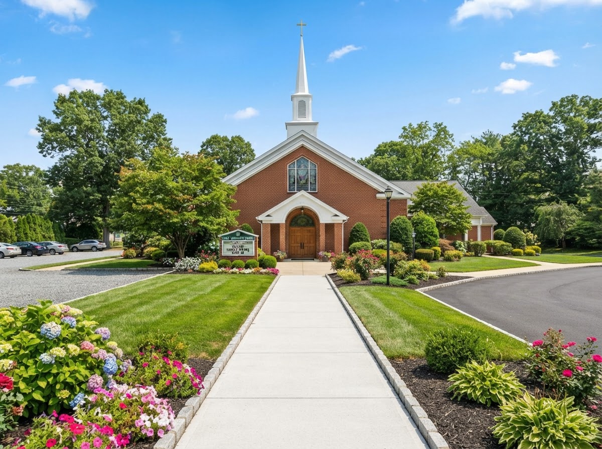 Well-maintained church building with steeple and manicured grounds