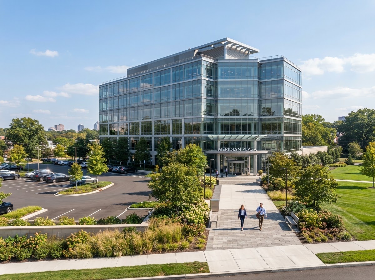 Modern commercial office building with landscaped grounds and walkways