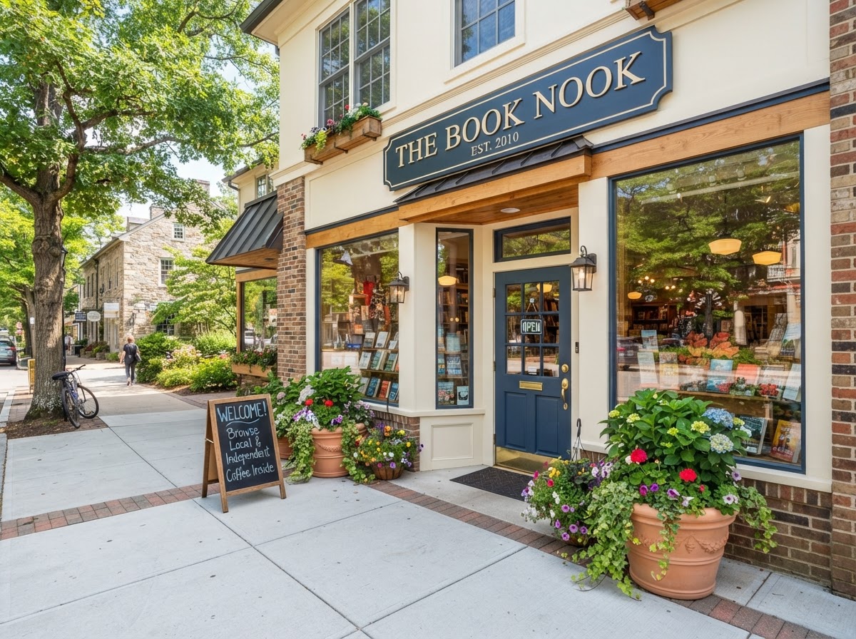 Clean local small business storefront with tidy entrance and planters