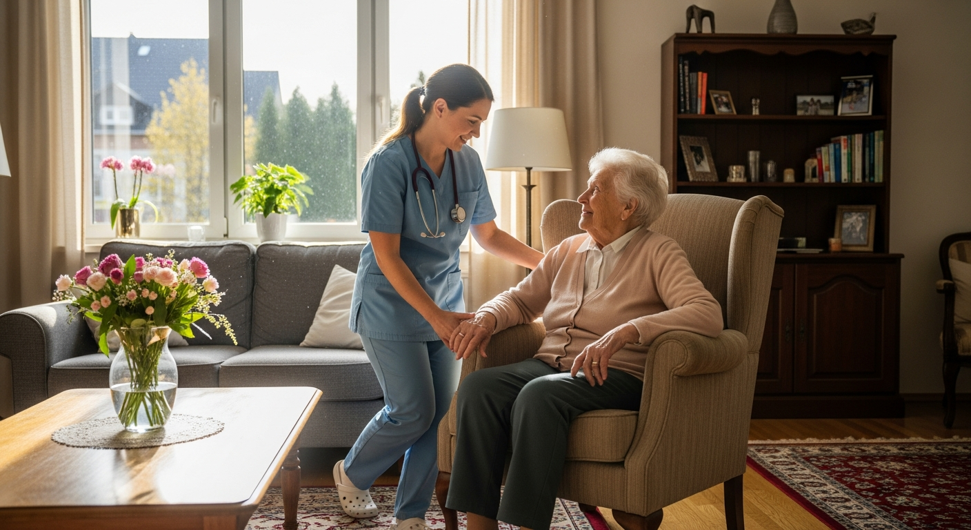 Caregiver helping an elderly woman, representing better care through compliance training