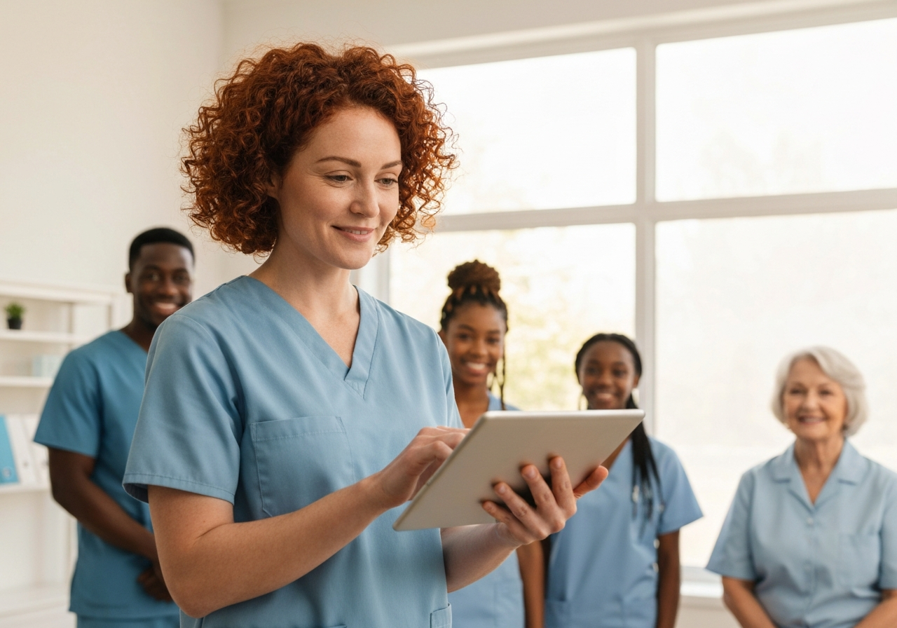 Adult day care employee using a tablet to access AI voice assistant