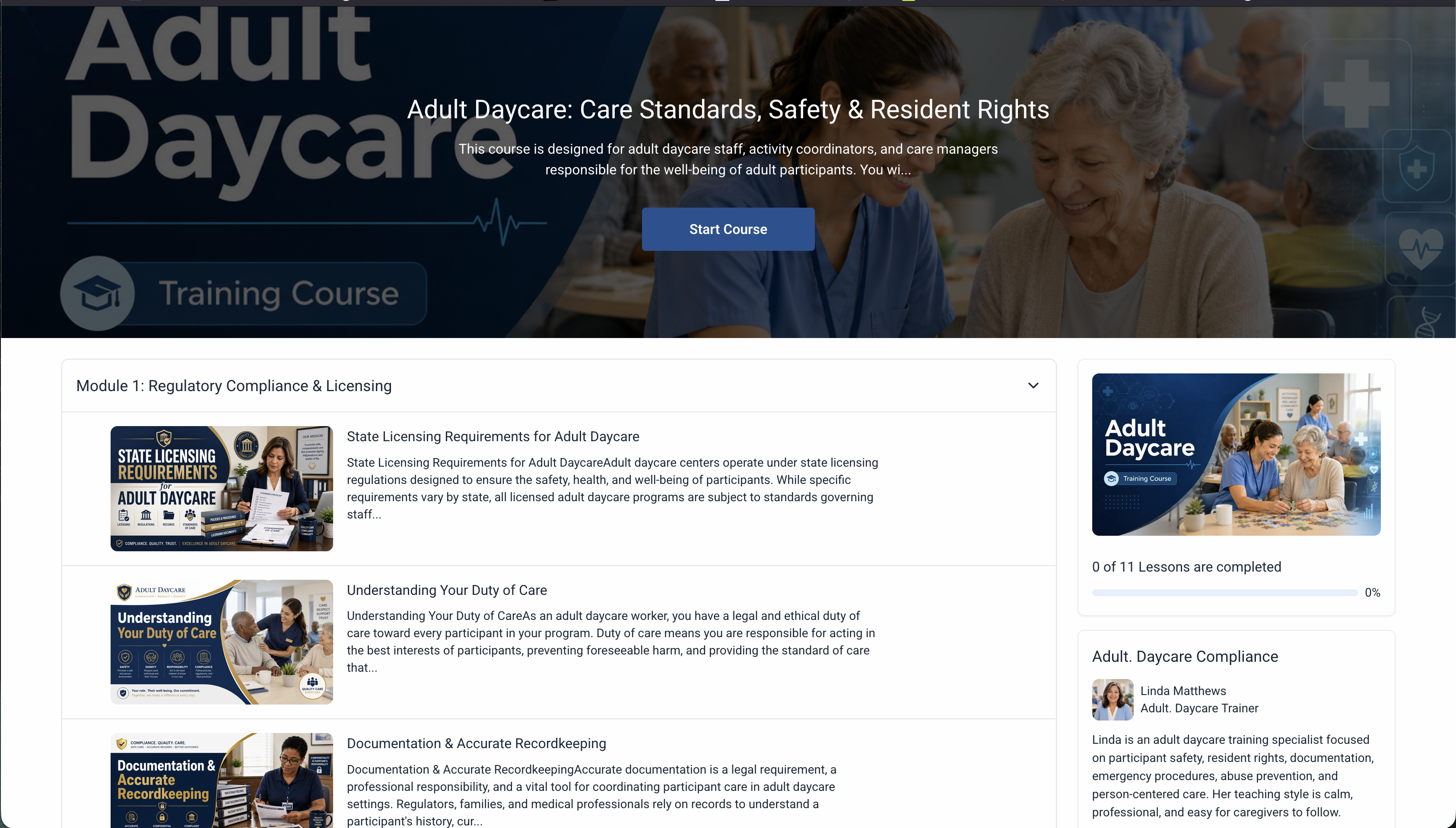 Detailed view of course modules and staff progress tracking in the ComplianceVideo.com portal