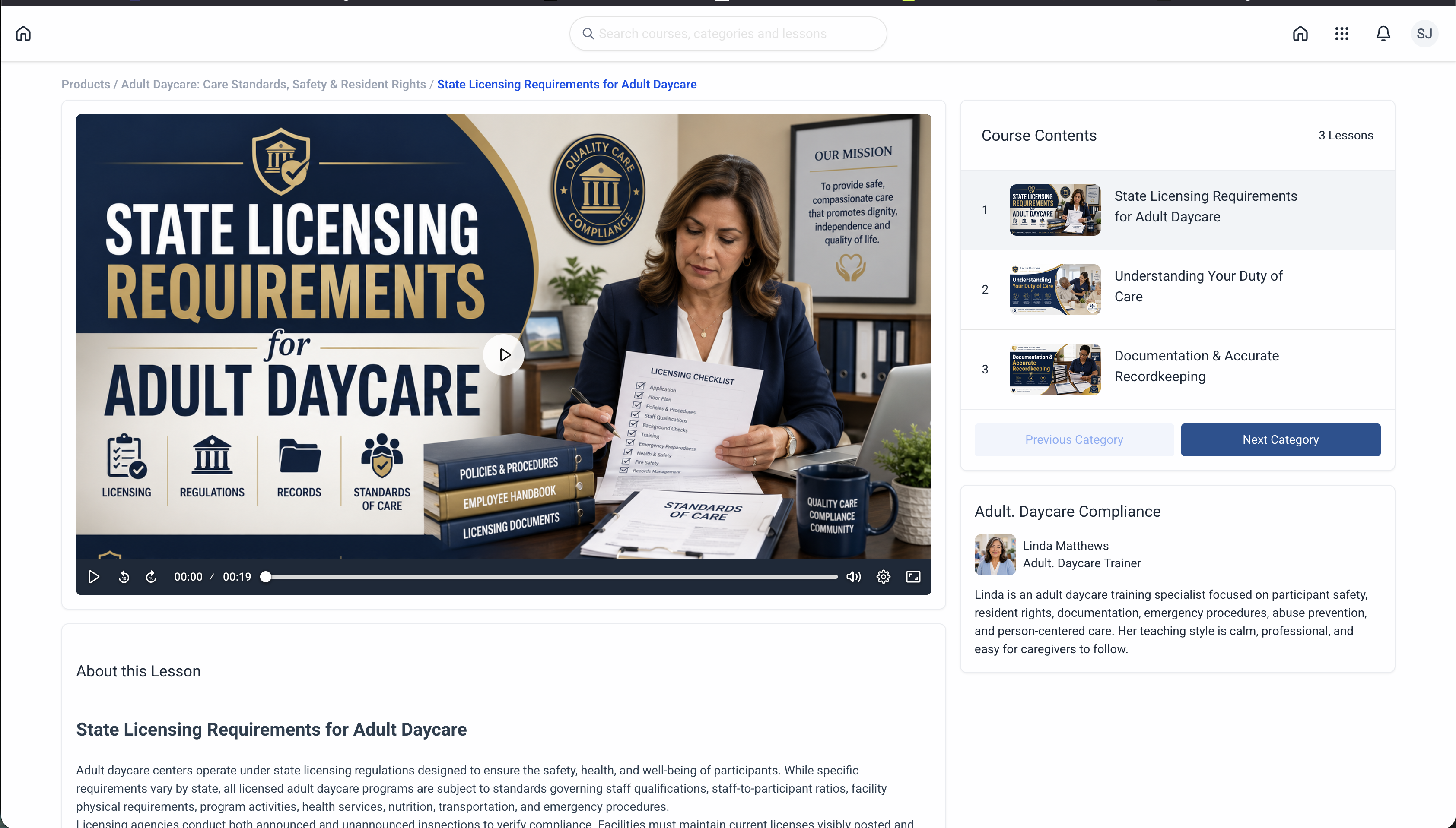 ComplianceVideo.com training video player interface showing a compliance course in progress