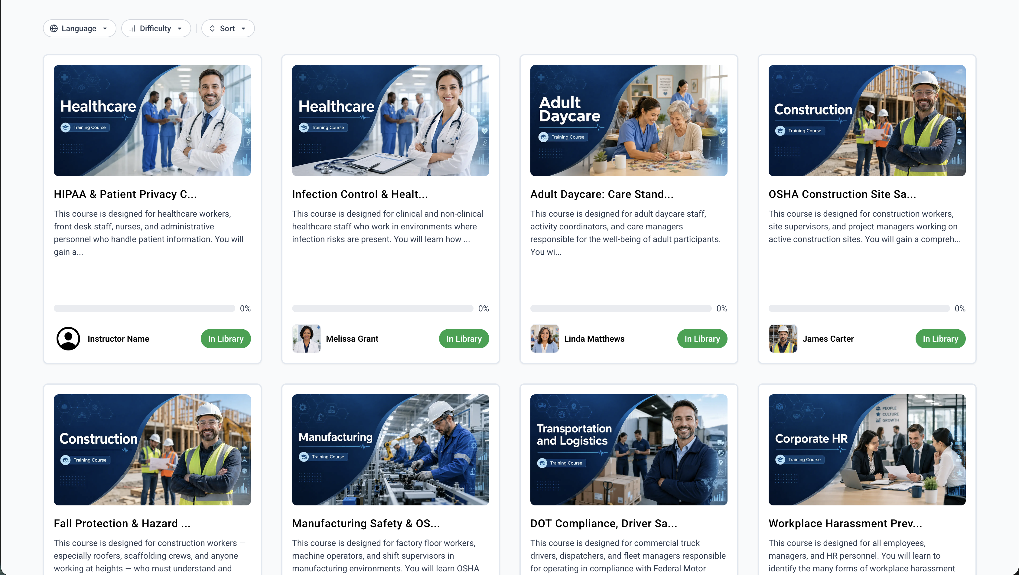 ComplianceVideo.com course library dashboard showing available adult day care training modules