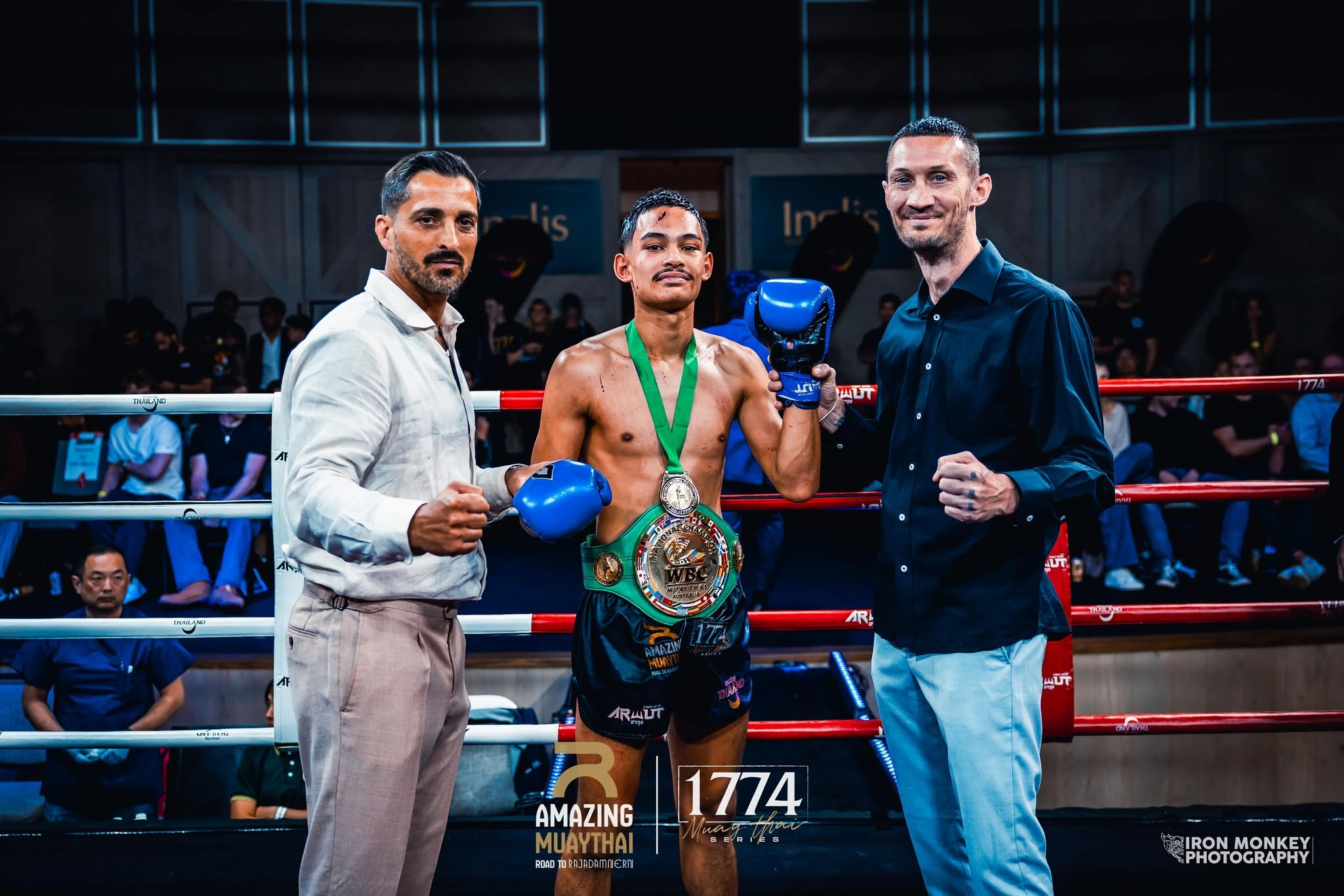 Denzel Thakun celebrates winning the WBC Australian Super Bantamweight Title