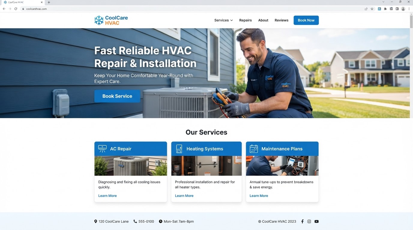 HVAC company website homepage design by Crescent Digitals showing emergency service CTA and booking