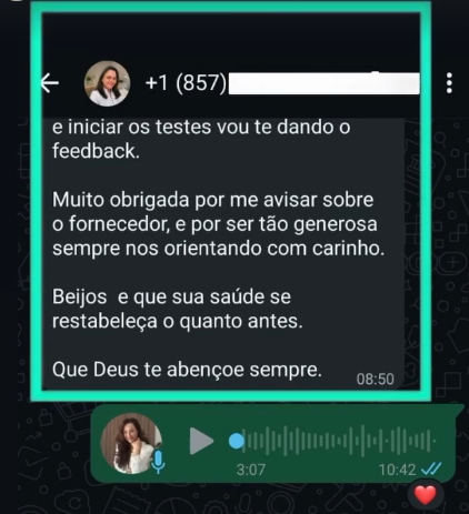Aluna agradecendo indicação de fornecedor e orientação com carinho