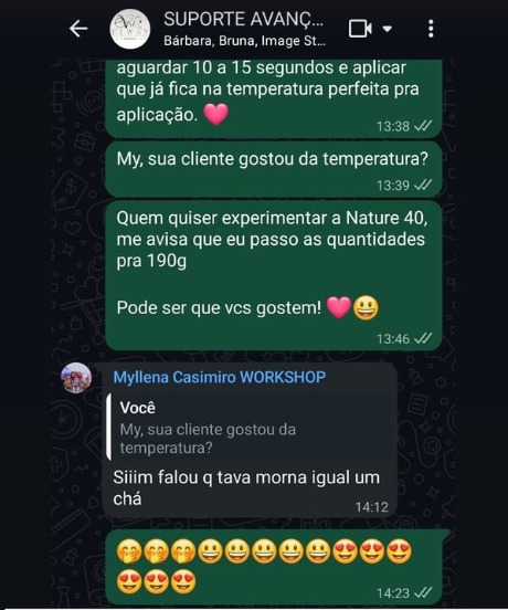 Cliente elogiando temperatura da cera suave morna como chá