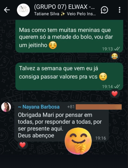 Nayana agradecendo a presença e cuidado da Mari