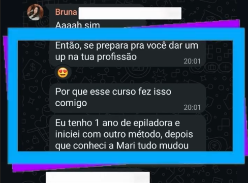 Bruna falando que o curso deu um up na profissão e tudo mudou com a Mari