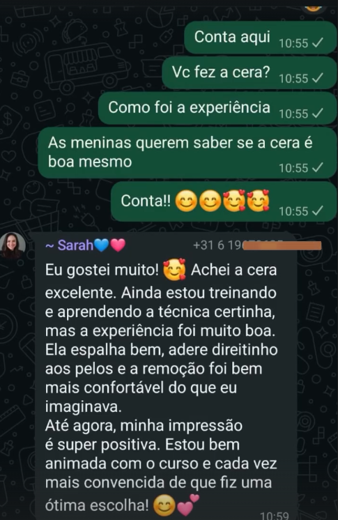 Depoimento da aluna Sarah elogiando a cera ELWAX
