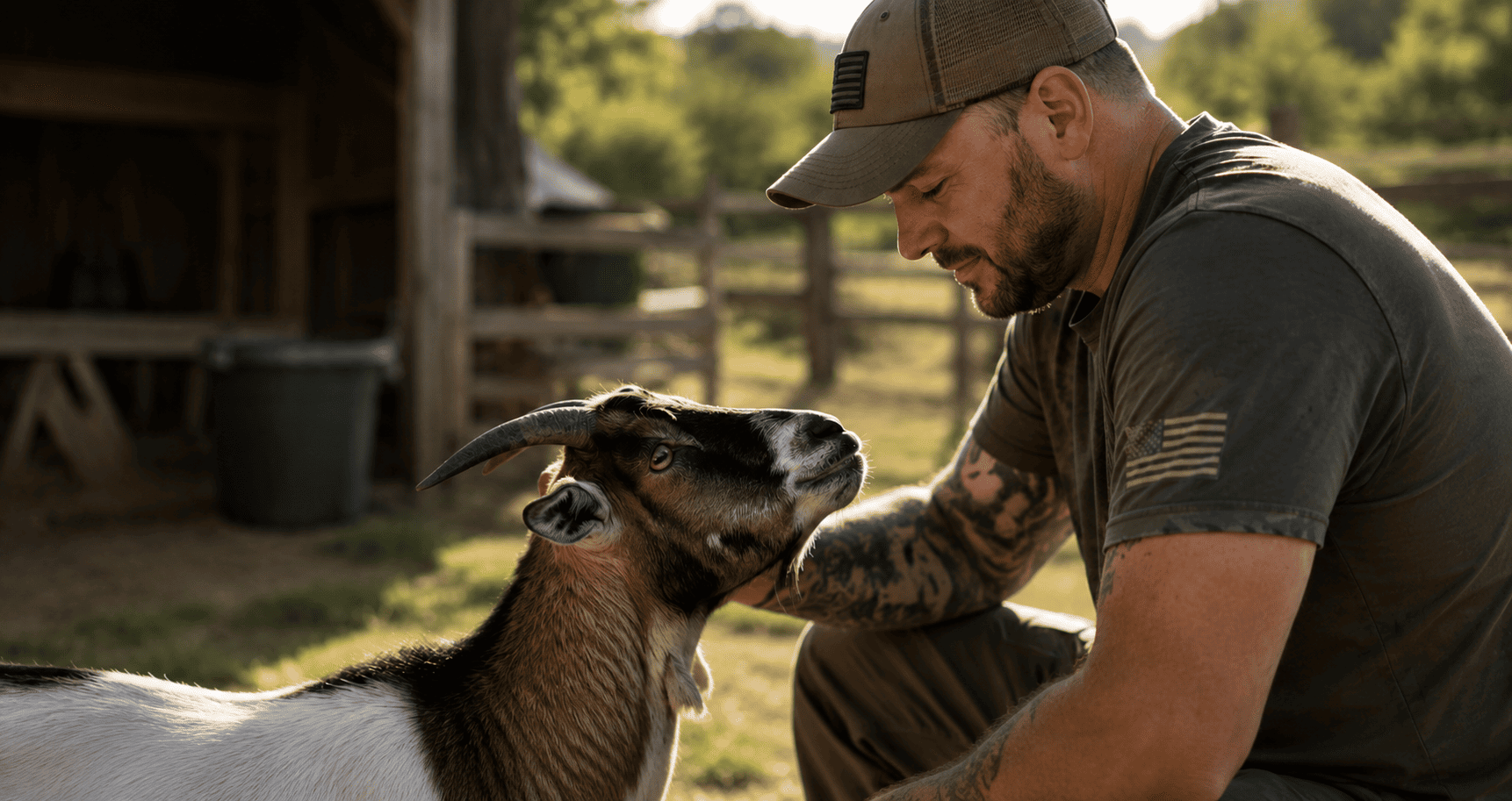Veteran connecting with a goat at Hearts & Hooves Haven
